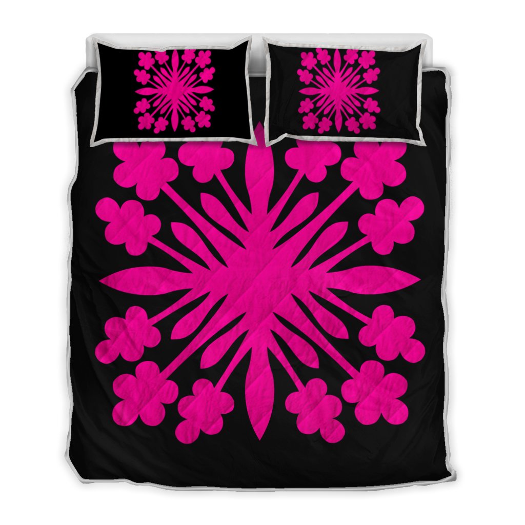 Hawaiian Royal Pattern Quilt Bed Set - Black And Pink - G2 Style - AH Art - Polynesian Pride