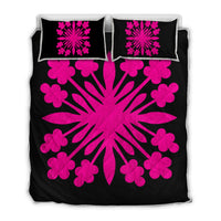 Hawaiian Royal Pattern Quilt Bed Set - Black And Pink - G2 Style - AH Art - Polynesian Pride