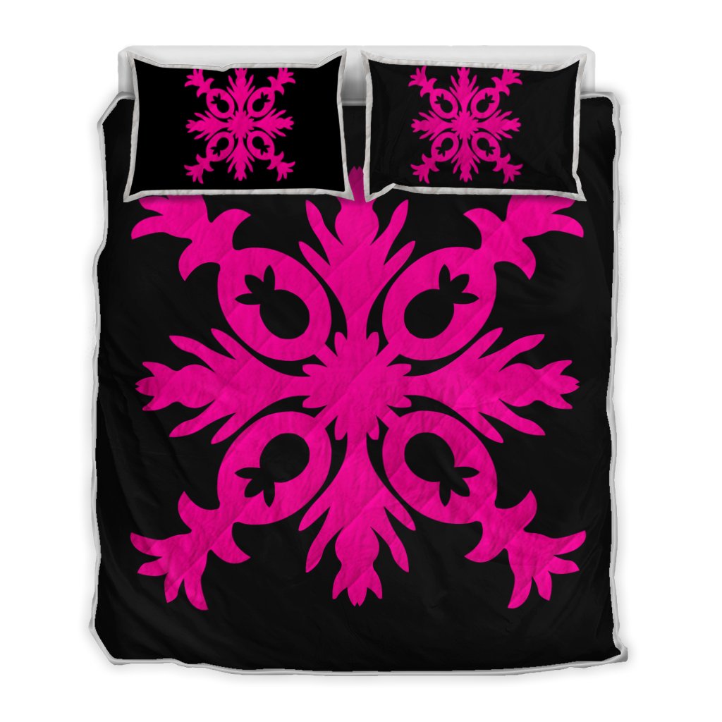 Hawaiian Royal Pattern Quilt Bed Set - Black And Pink - F2 Style - AH Art - Polynesian Pride