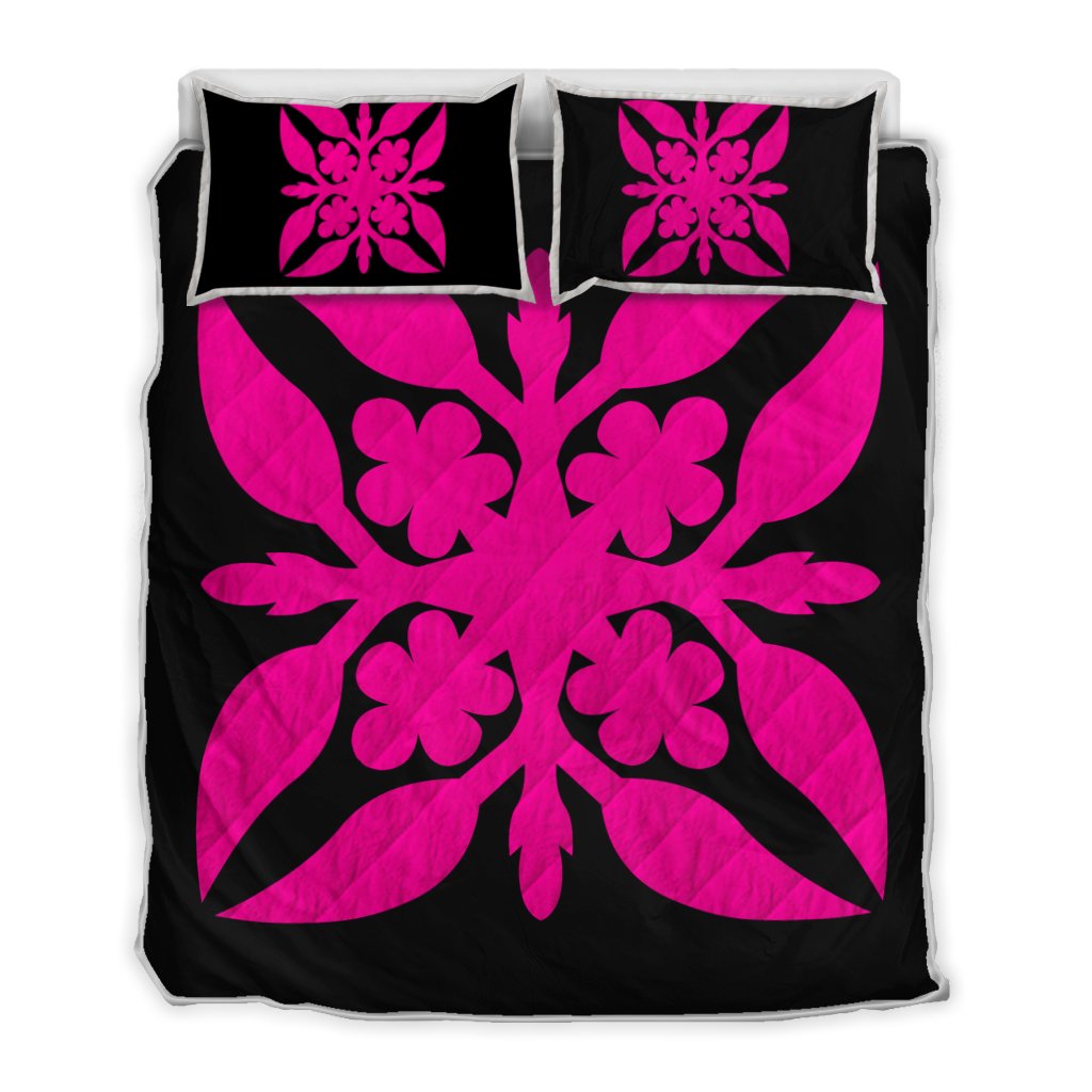 Hawaiian Royal Pattern Quilt Bed Set - Black And Pink - G1 Style - AH Art - Polynesian Pride