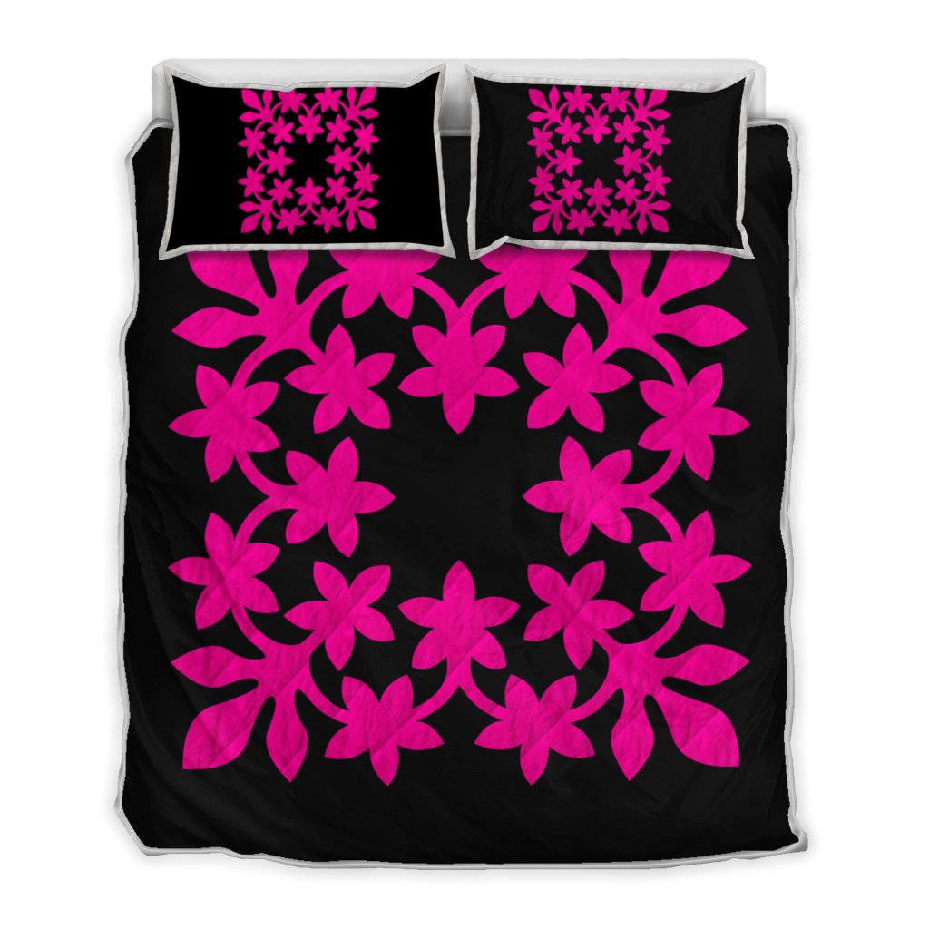 Hawaiian Royal Pattern Quilt Bed Set - Black And Pink - L3 Style - AH Art - Polynesian Pride