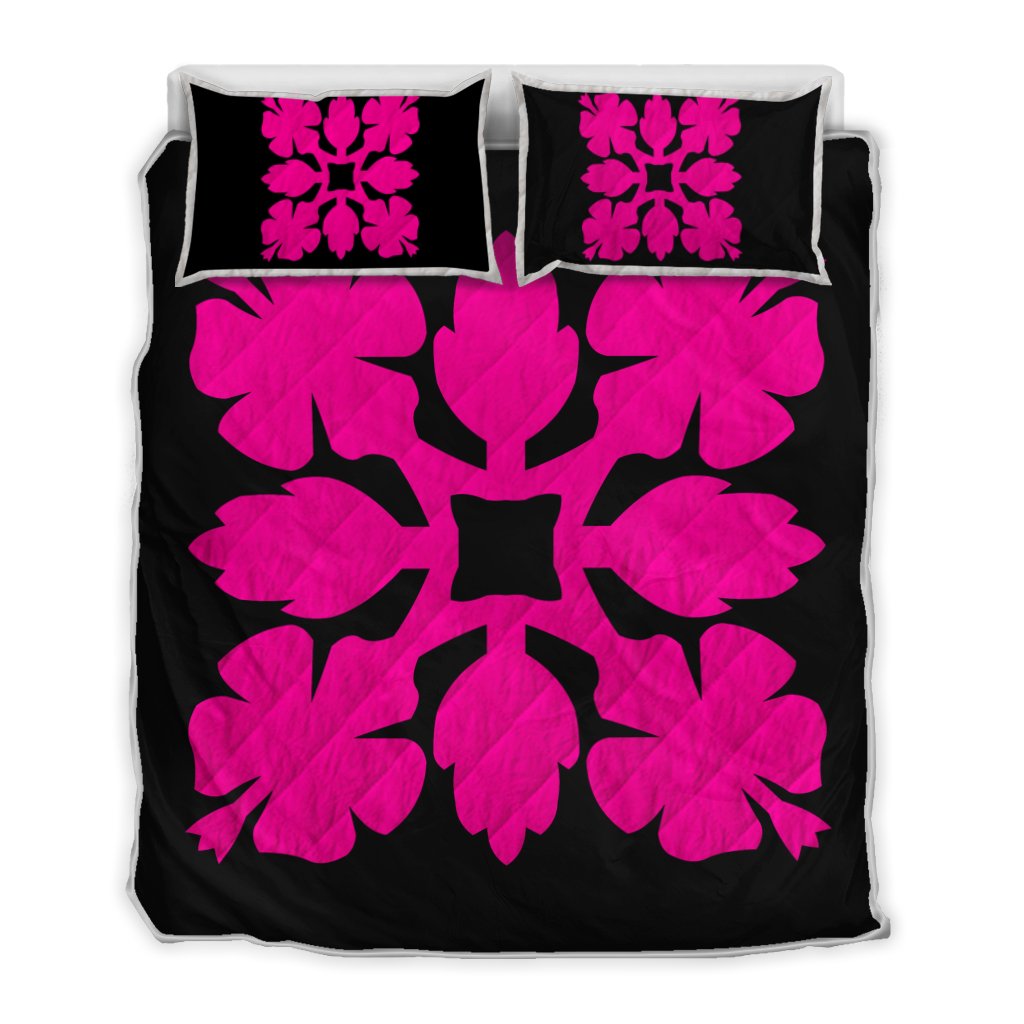 Hawaiian Royal Pattern Quilt Bed Set - Black And Pink - C1 Style - AH Art - Polynesian Pride