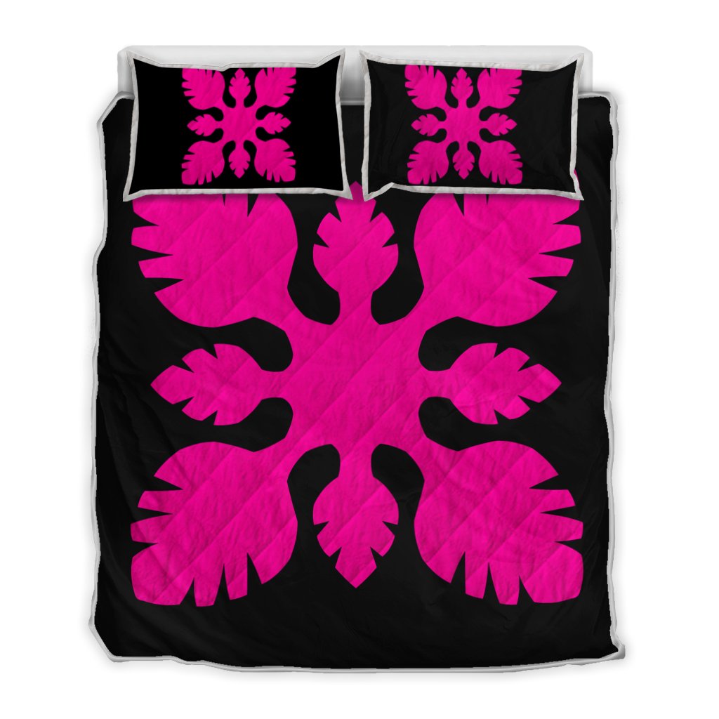 Hawaiian Royal Pattern Quilt Bed Set - Black And Pink - B1 Style - AH Art - Polynesian Pride