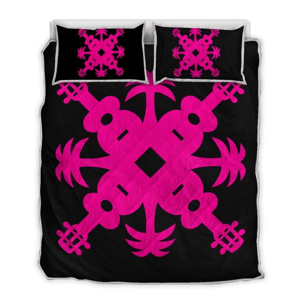 Hawaiian Royal Pattern Quilt Bed Set - Black And Pink - L2 Style - AH Art - Polynesian Pride