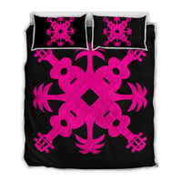 Hawaiian Royal Pattern Quilt Bed Set - Black And Pink - L2 Style - AH Art - Polynesian Pride