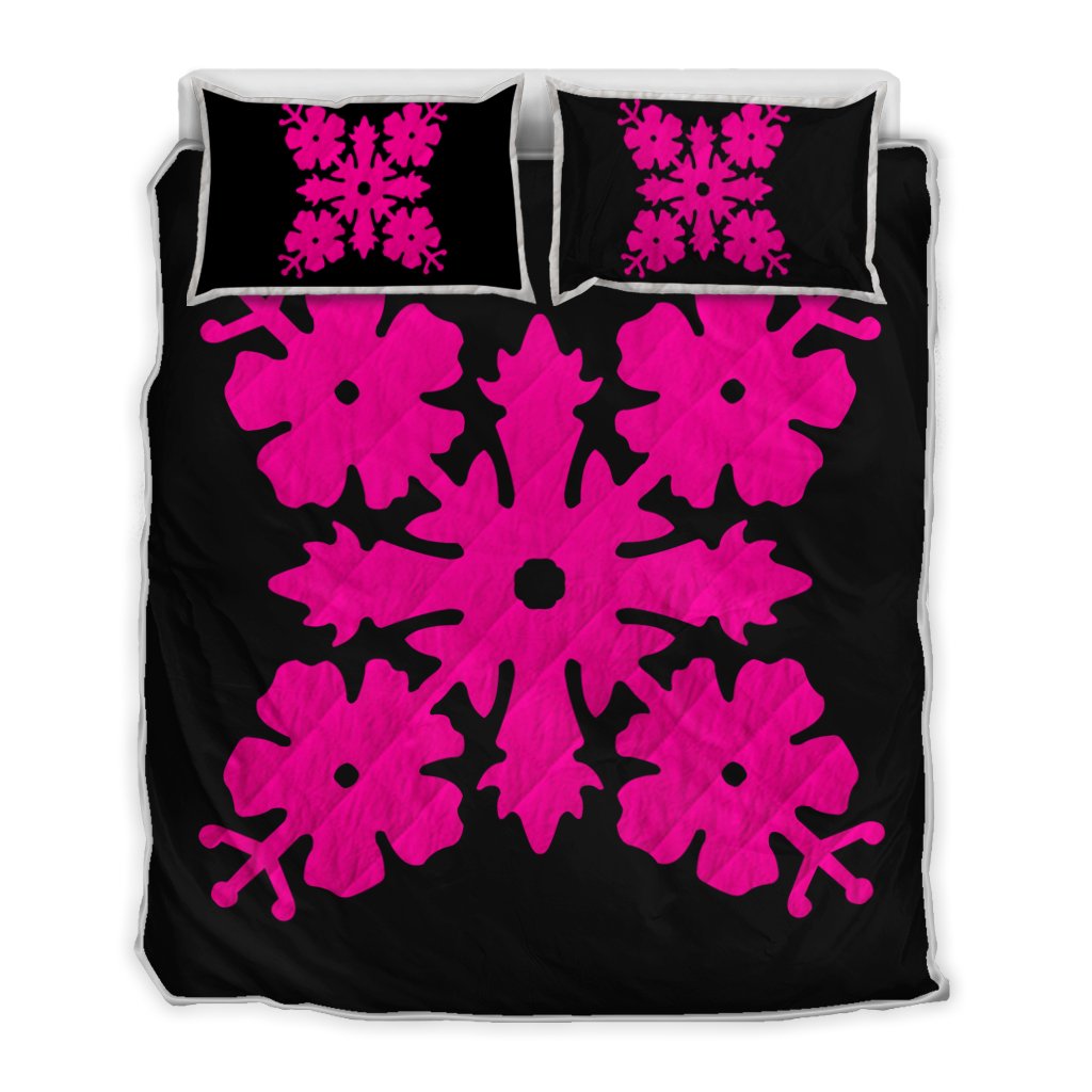 Hawaiian Royal Pattern Quilt Bed Set - Black And Pink - K1 Style - AH Art - Polynesian Pride