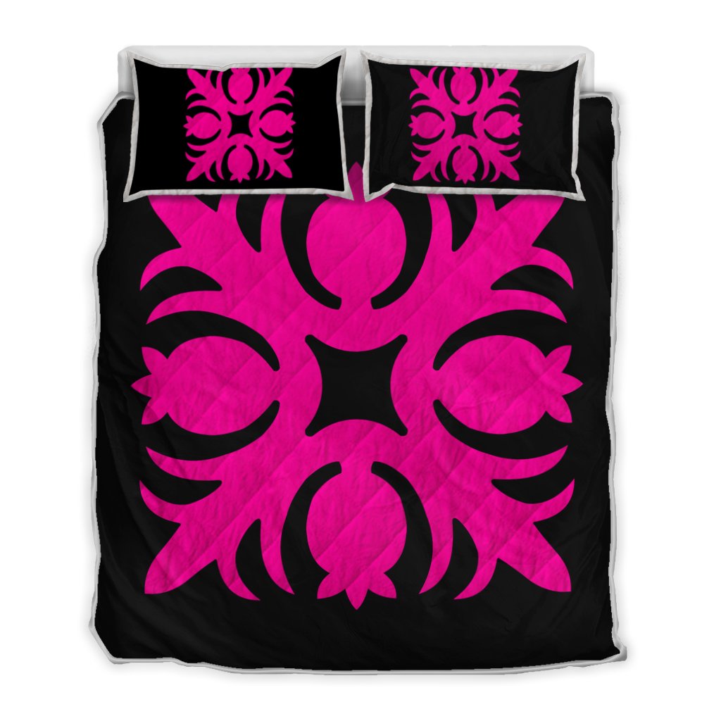 Hawaiian Royal Pattern Quilt Bed Set - Black And Pink - I1 Style - AH Art - Polynesian Pride