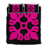 Hawaiian Royal Pattern Quilt Bed Set - Black And Pink - M1 Style - AH Art - Polynesian Pride