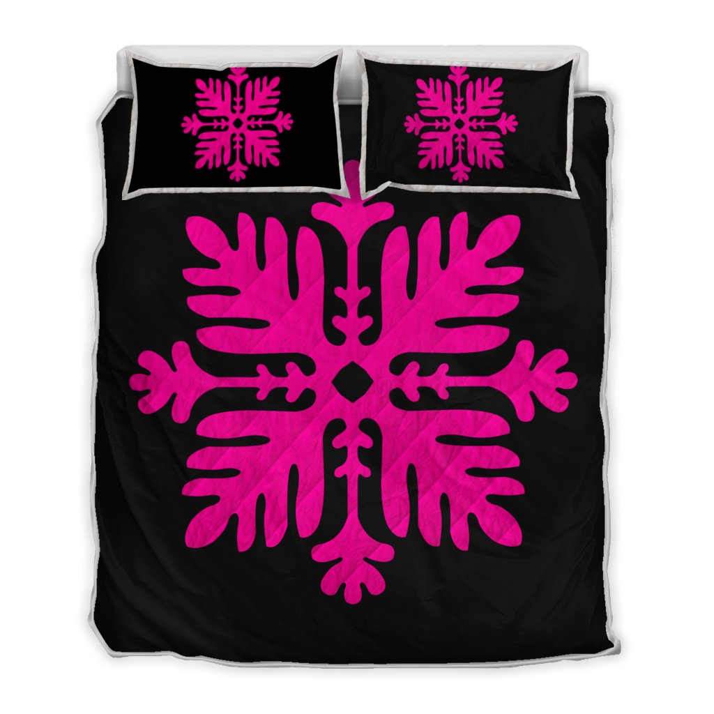 Hawaiian Royal Pattern Quilt Bed Set - Black And Pink - H2 Style - AH Art - Polynesian Pride