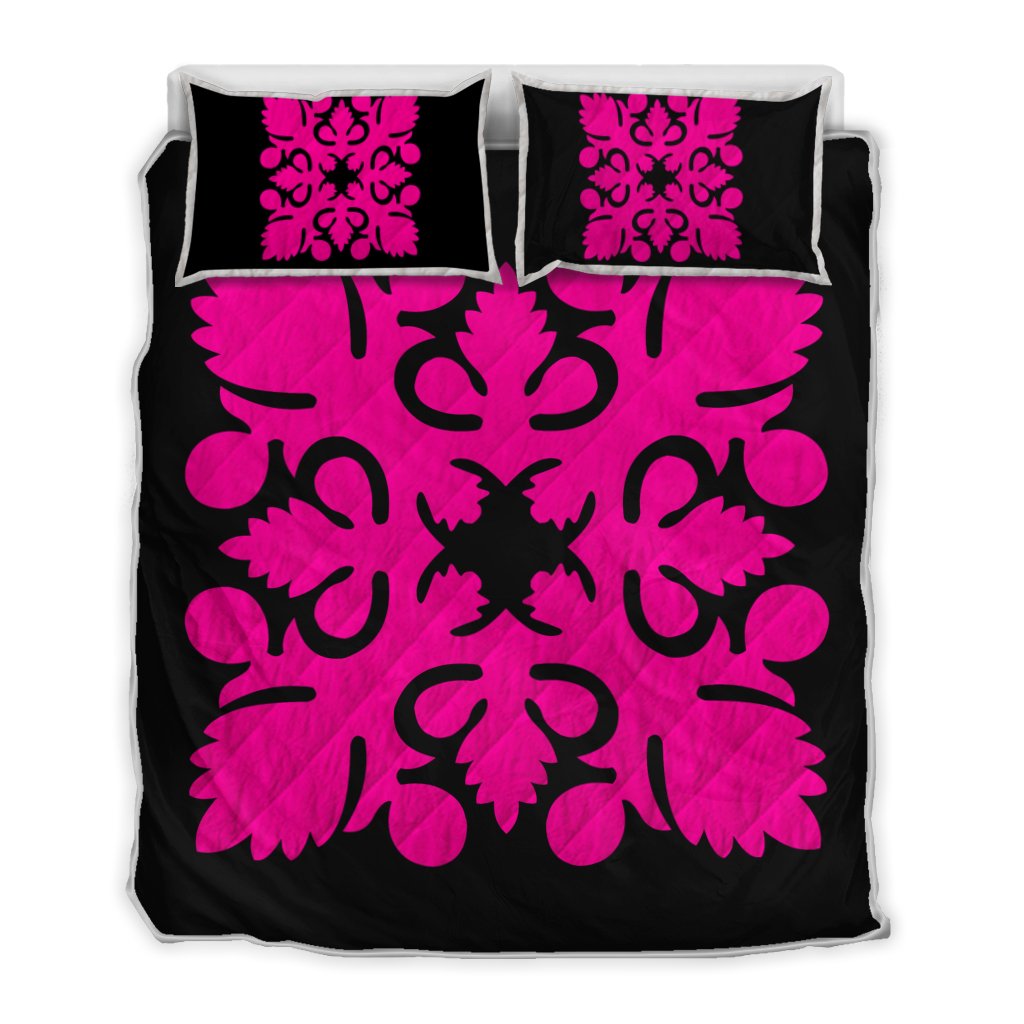 Hawaiian Royal Pattern Quilt Bed Set - Black And Pink - I2 Style - AH Art - Polynesian Pride