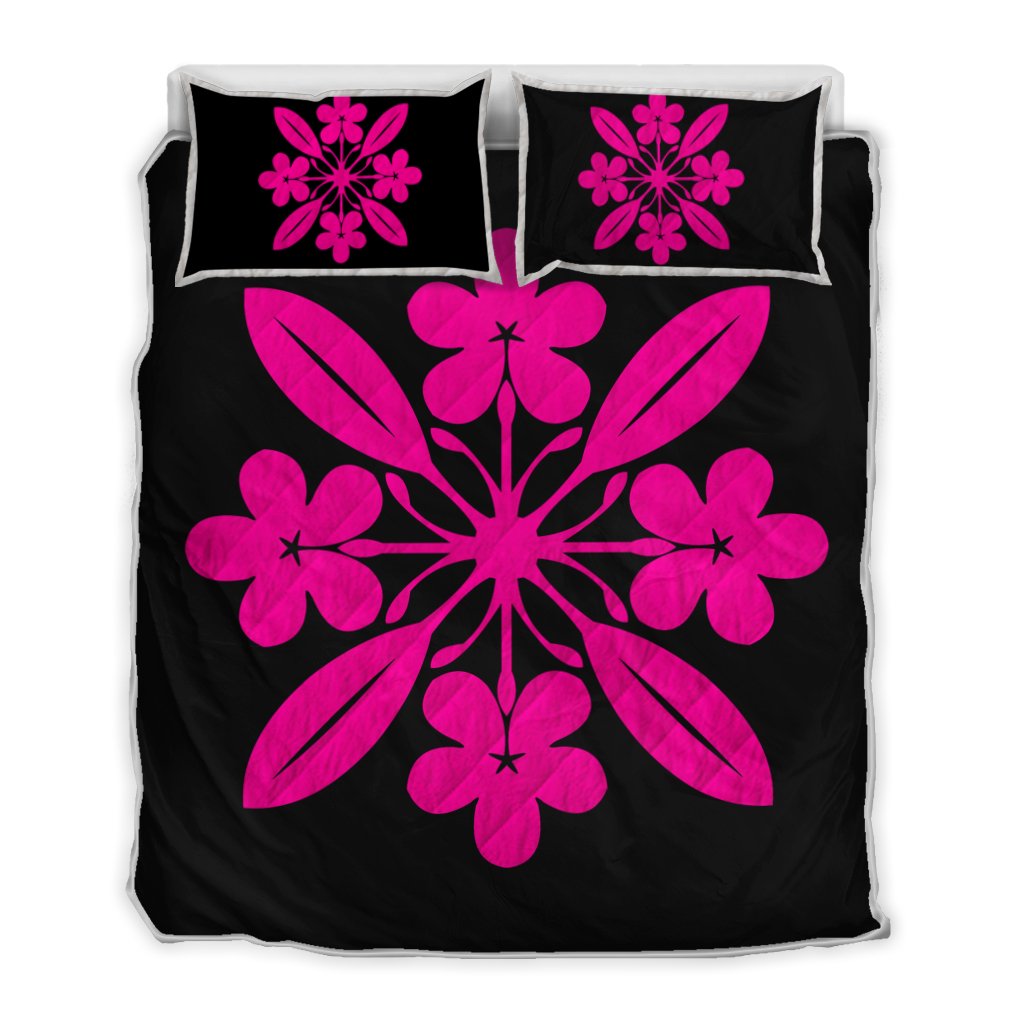 Hawaiian Royal Pattern Quilt Bed Set - Black And Pink - L1 Style - AH Art - Polynesian Pride