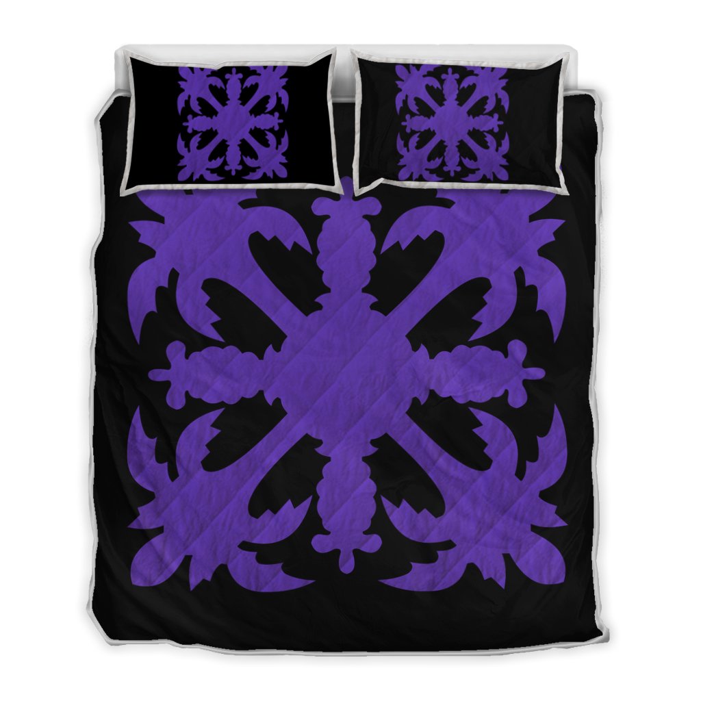 Hawaiian Royal Pattern Quilt Bed Set - Black And Purple - H1 Style - AH Art - Polynesian Pride