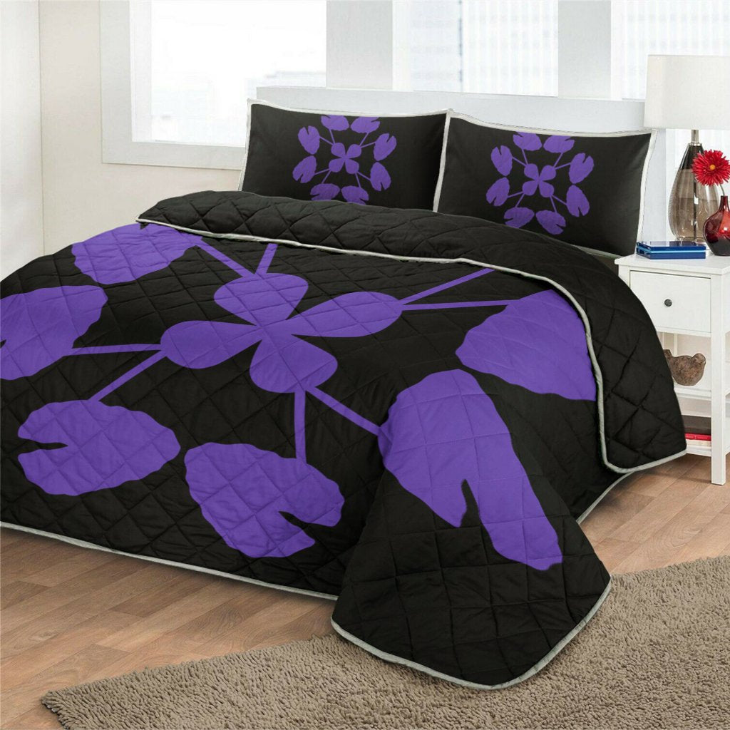 Hawaiian Royal Pattern Quilt Bed Set - Black And Purple - D3 Style - Polynesian Pride