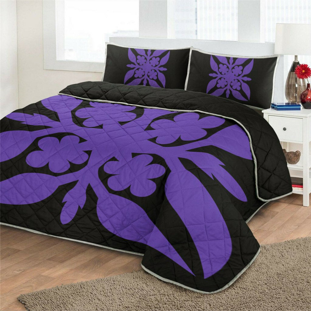 Hawaiian Royal Pattern Quilt Bed Set - Black And Purple - G1 Style - AH - Polynesian Pride