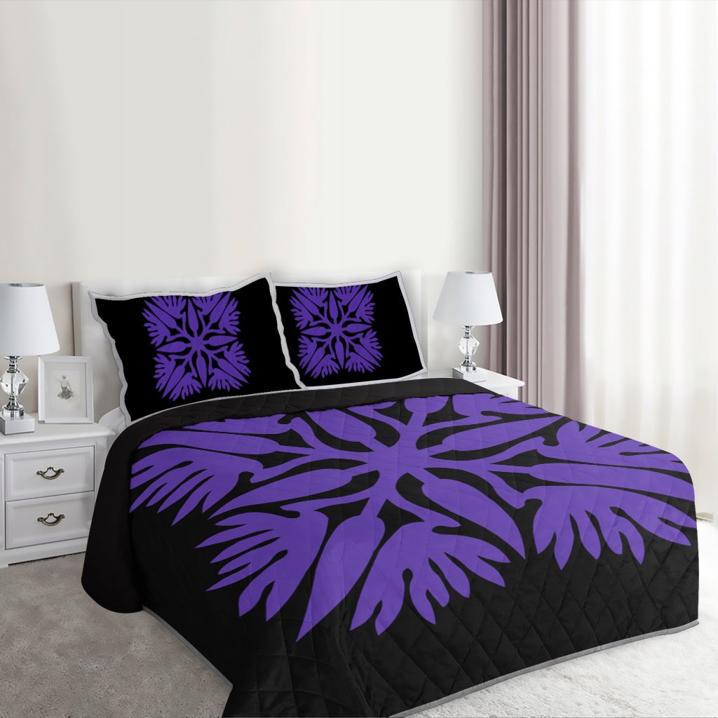 Hawaiian Royal Pattern Quilt Bed Set - Black And Purple - A3 Style - Polynesian Pride