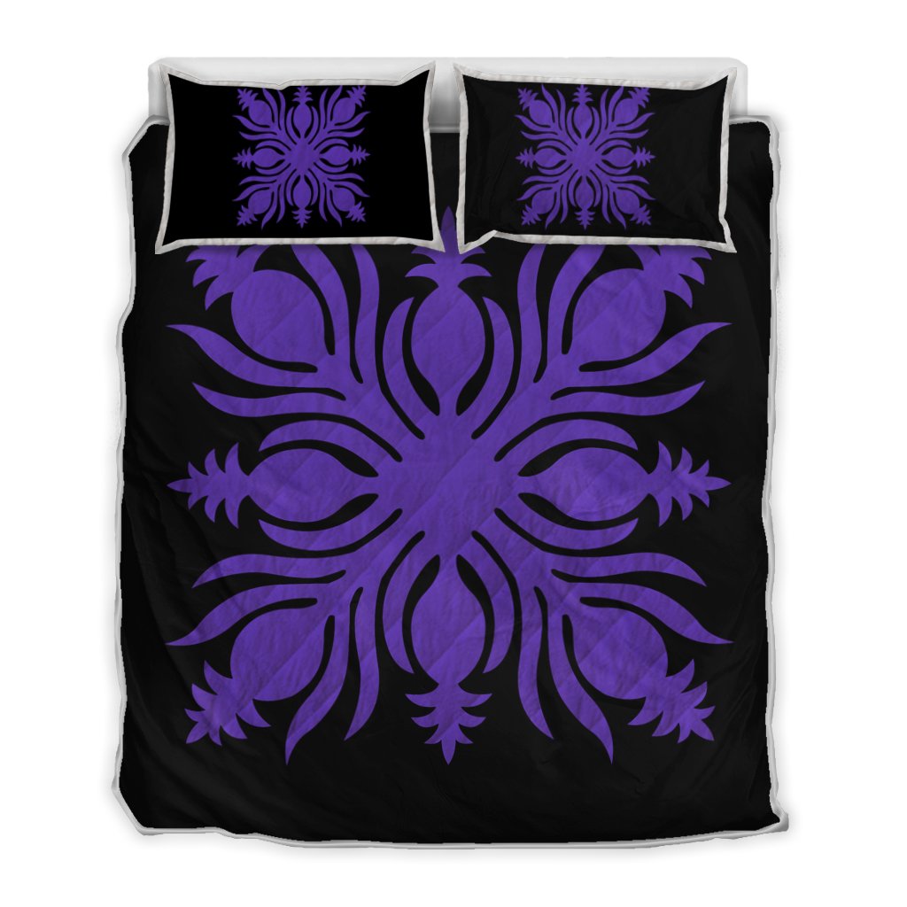 Hawaiian Royal Pattern Quilt Bed Set - Black And Purple - K2 Style - AH Art - Polynesian Pride