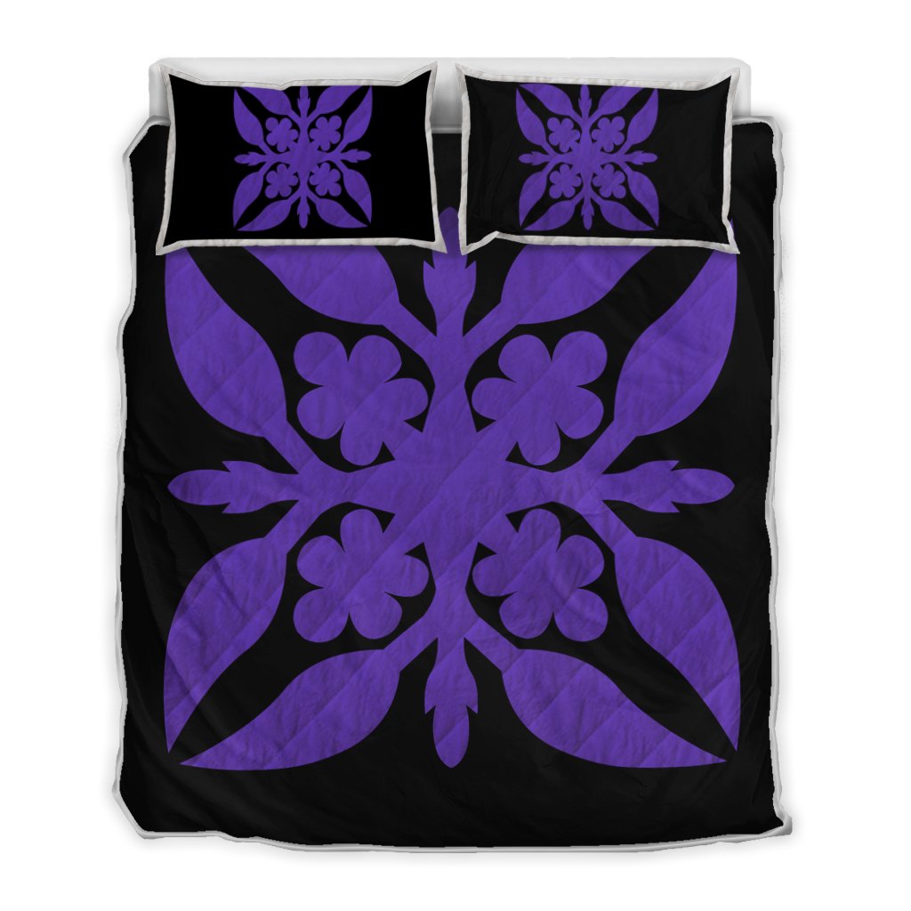 Hawaiian Royal Pattern Quilt Bed Set - Black And Purple - G1 Style - AH Art - Polynesian Pride