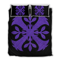 Hawaiian Royal Pattern Quilt Bed Set - Black And Purple - F3 Style - AH Art - Polynesian Pride