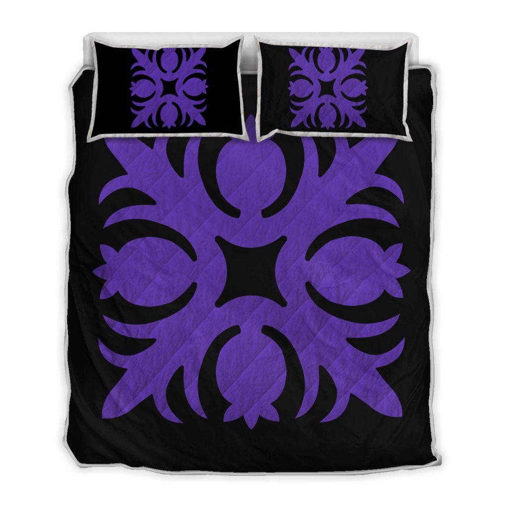 Hawaiian Royal Pattern Quilt Bed Set - Black And Purple - I1 Style - AH Art - Polynesian Pride