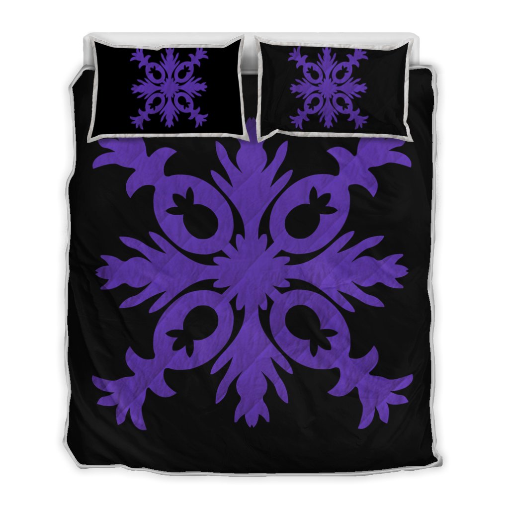 Hawaiian Royal Pattern Quilt Bed Set - Black And Purple - F2 Style - AH Art - Polynesian Pride