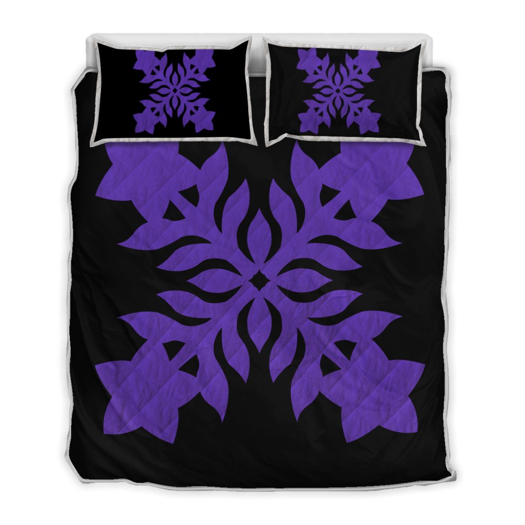 Hawaiian Royal Pattern Quilt Bed Set - Black And Purple - E2 Style - AH Art - Polynesian Pride