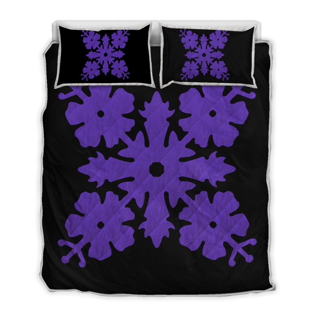 Hawaiian Royal Pattern Quilt Bed Set - Black And Purple - K1 Style - AH Art - Polynesian Pride