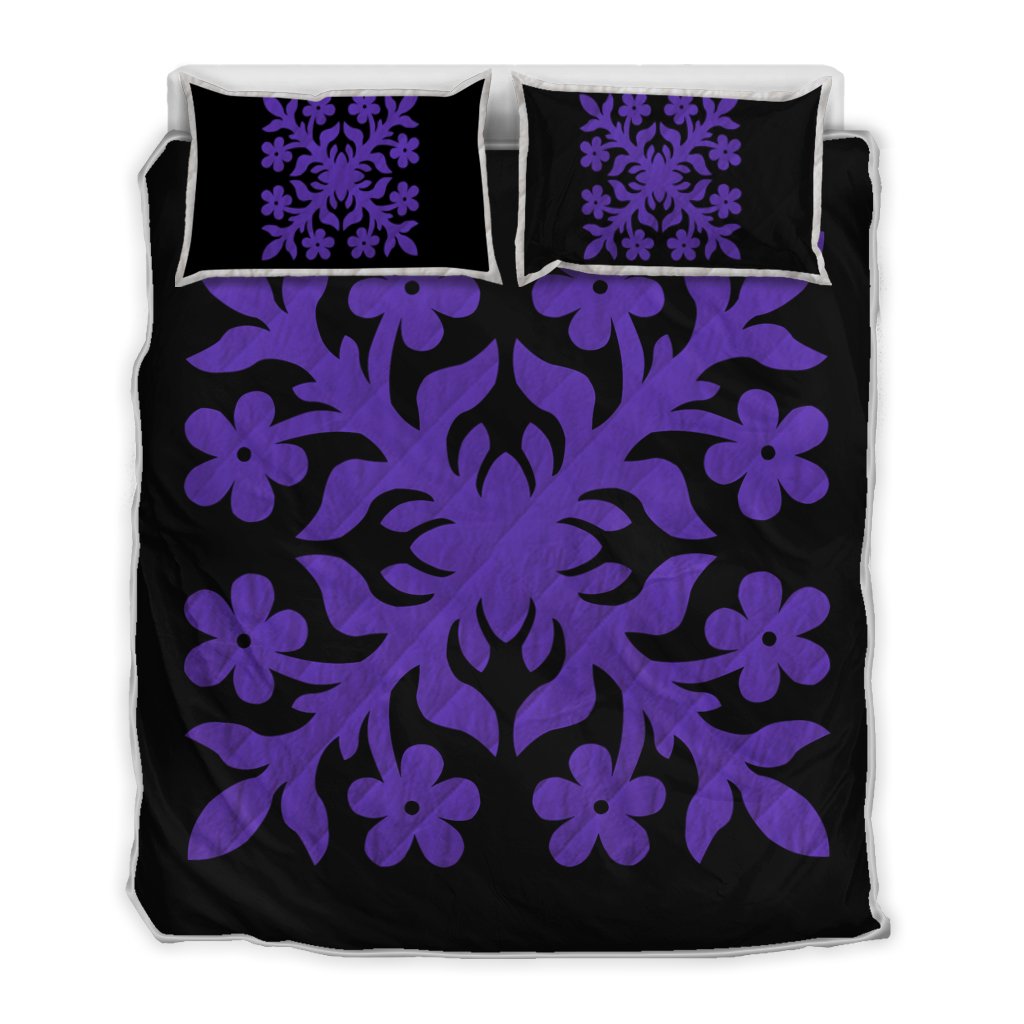 Hawaiian Royal Pattern Quilt Bed Set - Black And Purple - C2 Style - AH Art - Polynesian Pride