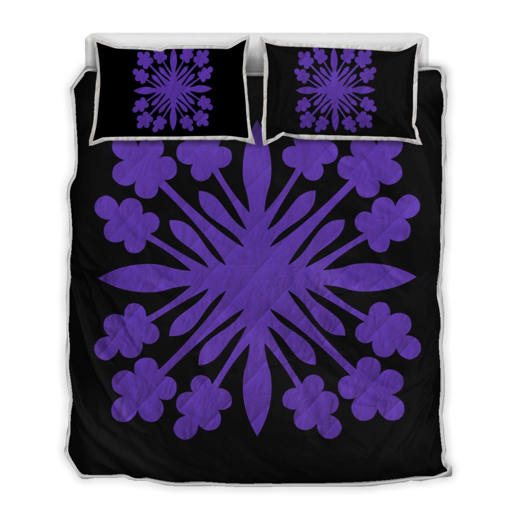 Hawaiian Royal Pattern Quilt Bed Set - Black And Purple - G2 Style - AH Art - Polynesian Pride