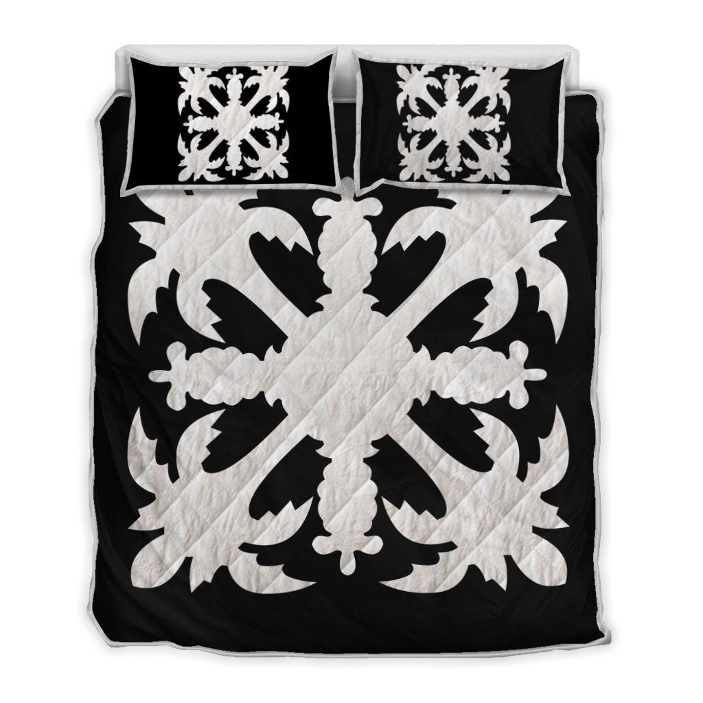 Hawaiian Royal Pattern Quilt Bed Set - Black And White - H1 Style - AH White - Polynesian Pride