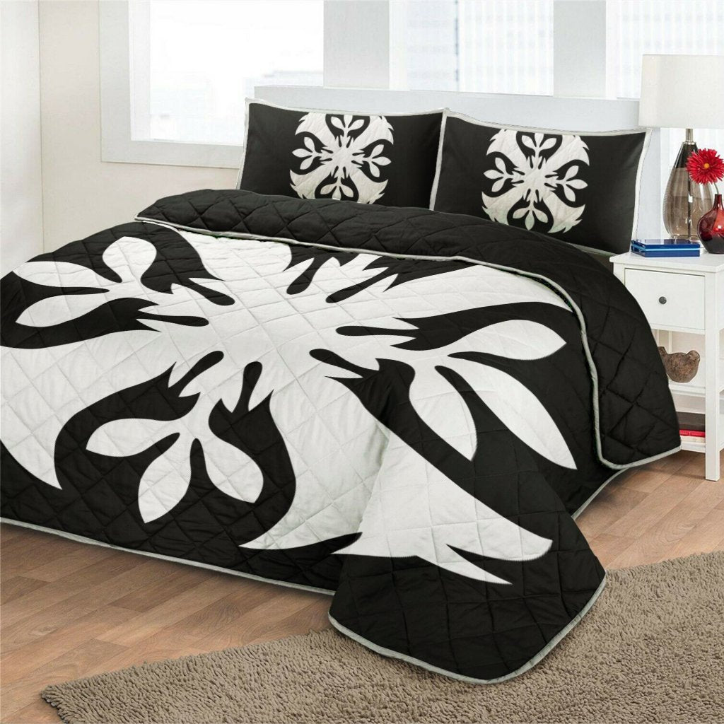 Hawaiian Royal Pattern Quilt Bed Set - Black And White - F3 Style - AH - Polynesian Pride