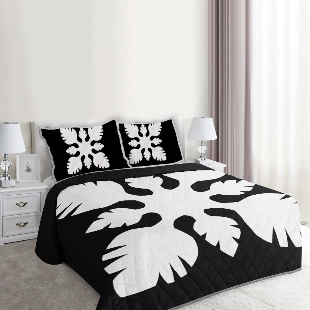 Hawaiian Royal Pattern Quilt Bed Set - Black And White - B1 Style - AH - Polynesian Pride