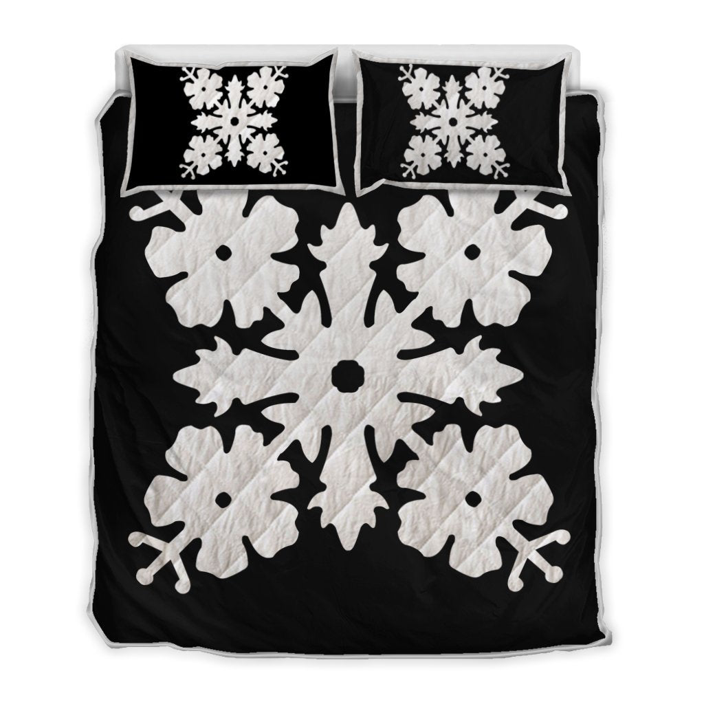 Hawaiian Royal Pattern Quilt Bed Set - Black And White - K1 Style - AH White - Polynesian Pride