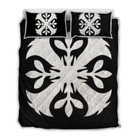Hawaiian Royal Pattern Quilt Bed Set - Black And White - F3 Style - AH White - Polynesian Pride
