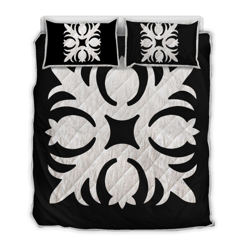 Hawaiian Royal Pattern Quilt Bed Set - Black And White - I1 Style - AH White - Polynesian Pride