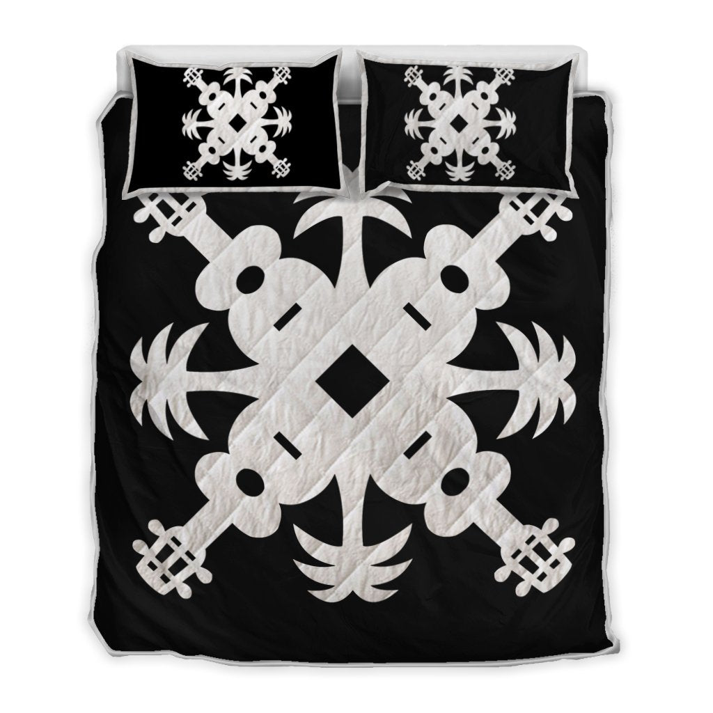 Hawaiian Royal Pattern Quilt Bed Set - Black And White - L2 Style - AH White - Polynesian Pride