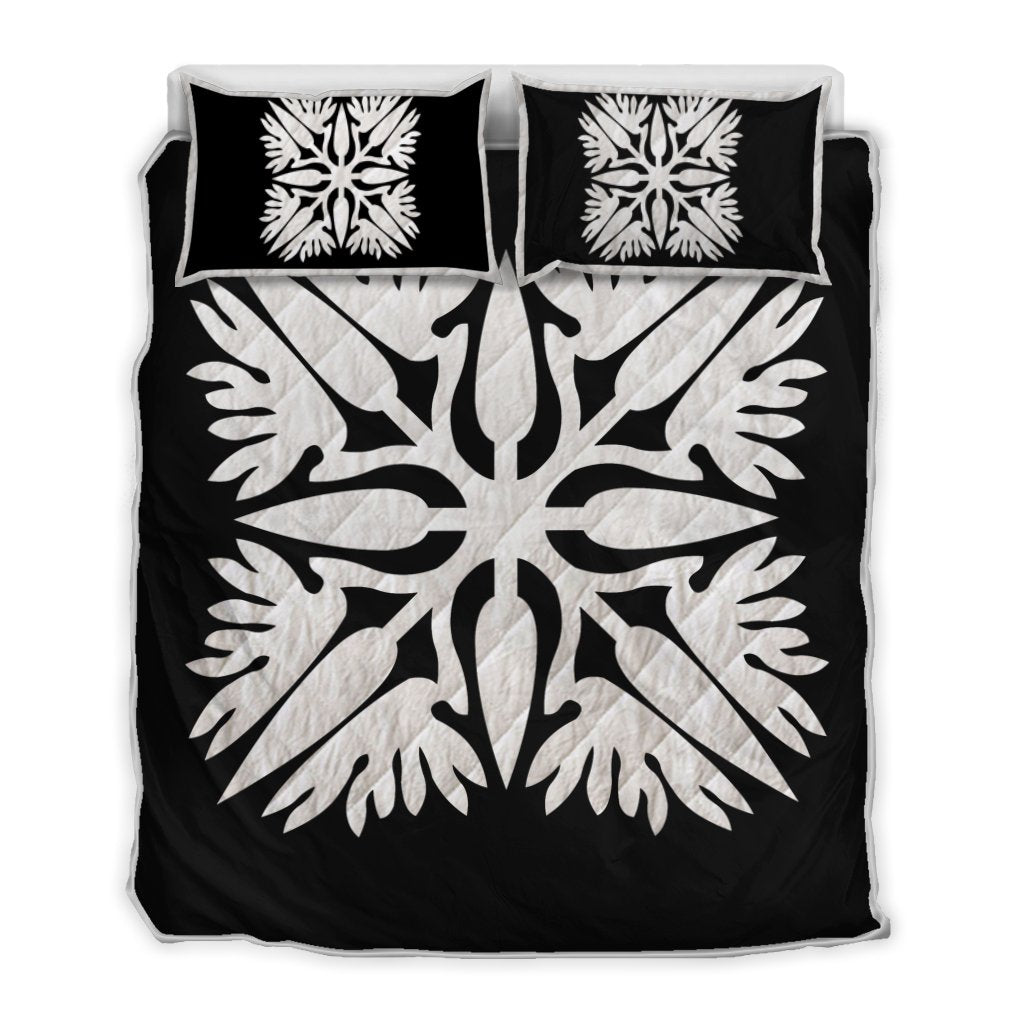 Hawaiian Royal Pattern Quilt Bed Set - Black And White - A3 Style White - Polynesian Pride