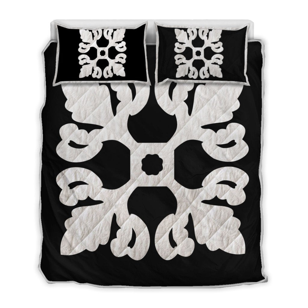 Hawaiian Royal Pattern Quilt Bed Set - Black And White - M1 Style - AH White - Polynesian Pride