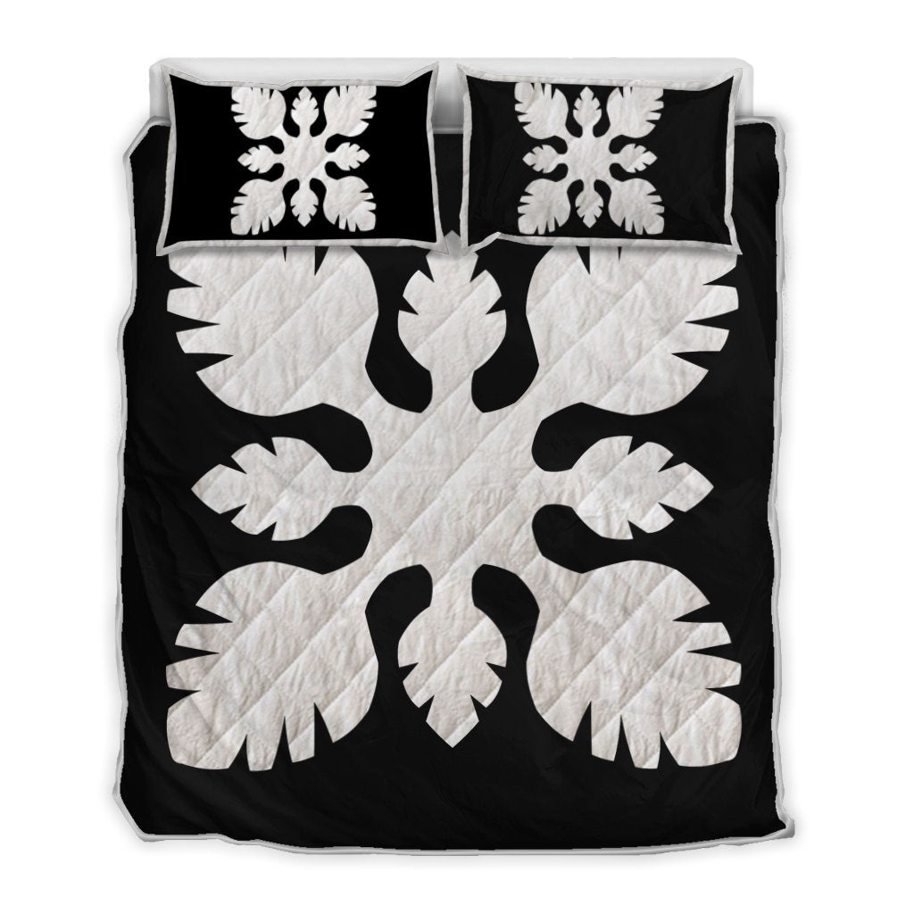 Hawaiian Royal Pattern Quilt Bed Set - Black And White - B1 Style - AH White - Polynesian Pride