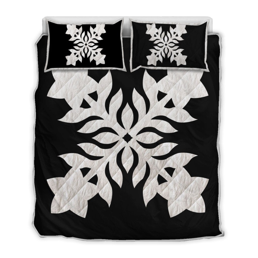 Hawaiian Royal Pattern Quilt Bed Set - Black And White - E2 Style - AH White - Polynesian Pride