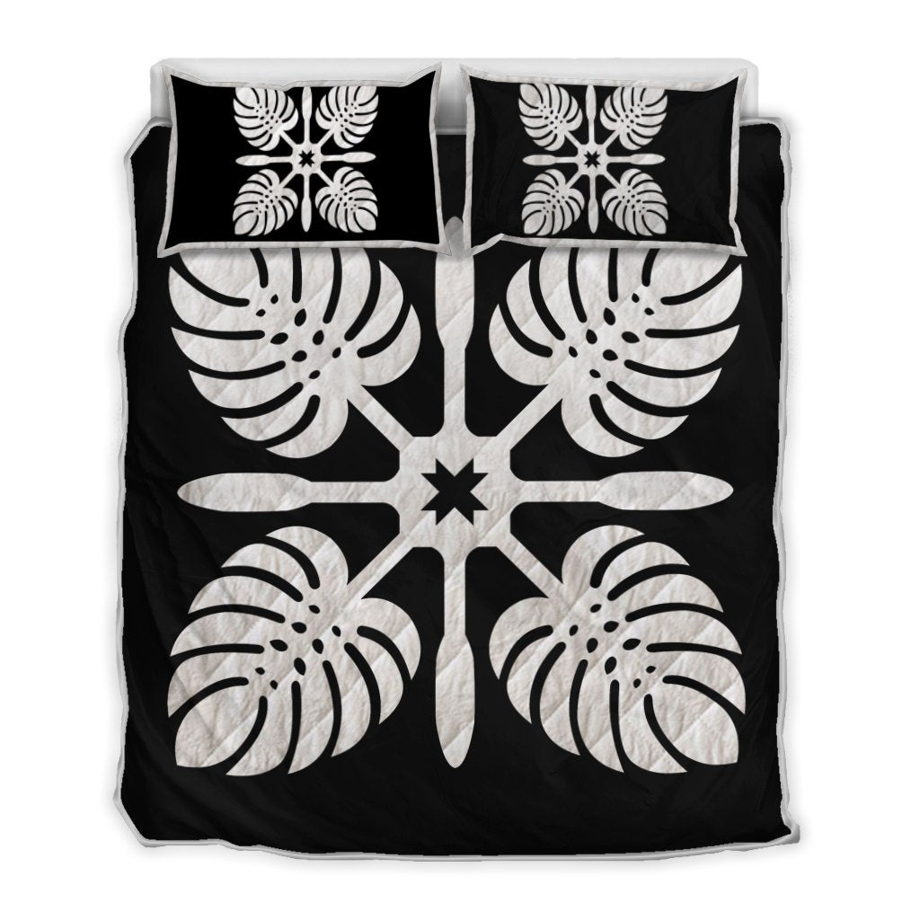 Hawaiian Royal Pattern Quilt Bed Set - Black And White - I3 Style - AH White - Polynesian Pride