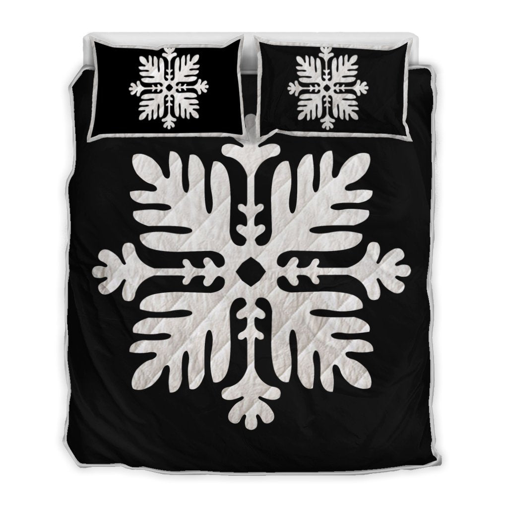 Hawaiian Royal Pattern Quilt Bed Set - Black And White - H2 Style - AH White - Polynesian Pride