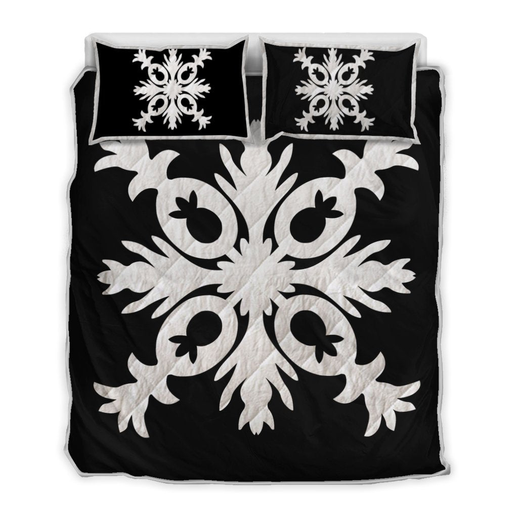 Hawaiian Royal Pattern Quilt Bed Set - Black And White - F2 Style - AH White - Polynesian Pride