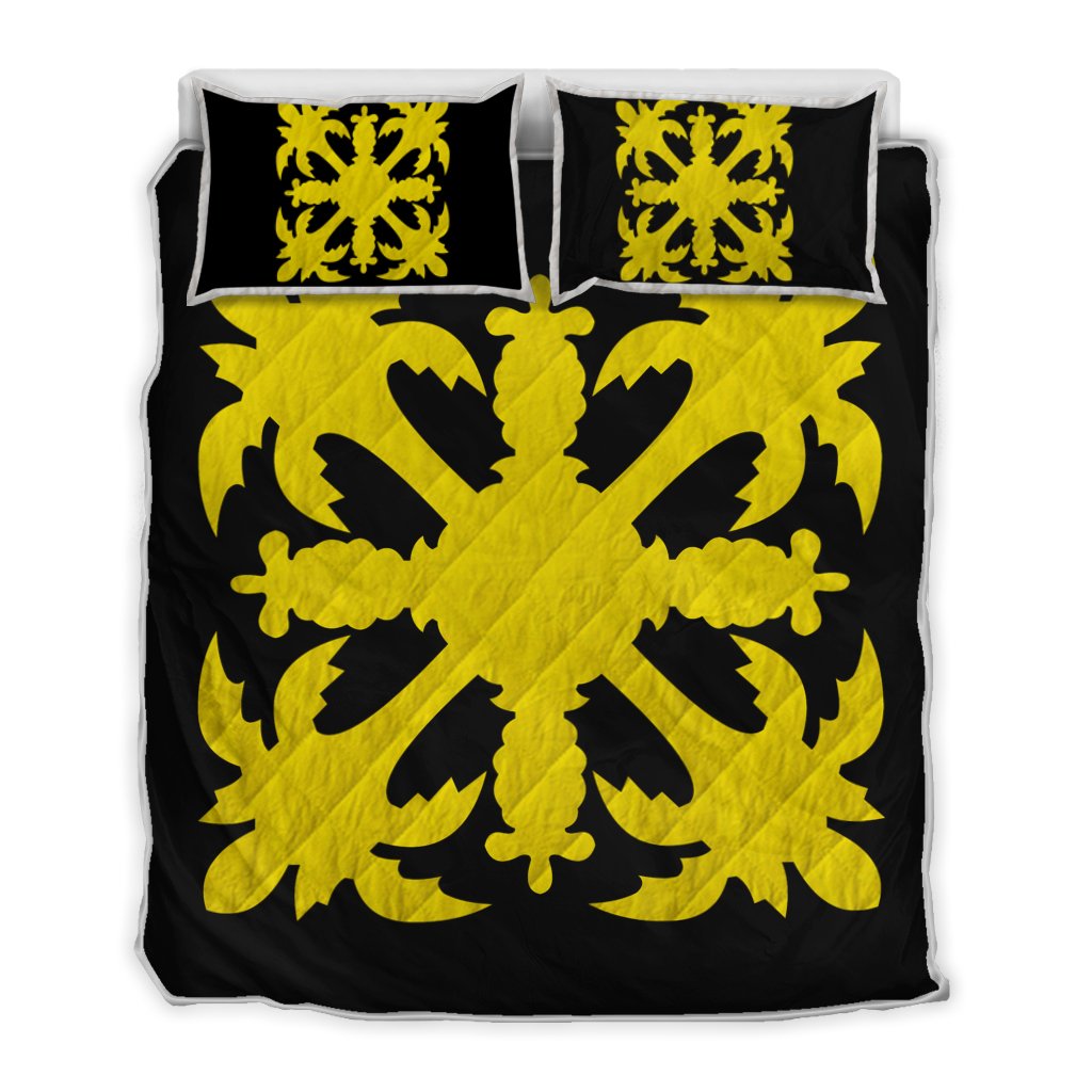 Hawaiian Royal Pattern Quilt Bed Set - Black And Yellow - H1 Style - AH Yellow - Polynesian Pride