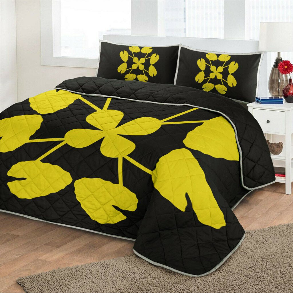 Hawaiian Royal Pattern Quilt Bed Set - Black And Yellow - D3 Style - Polynesian Pride