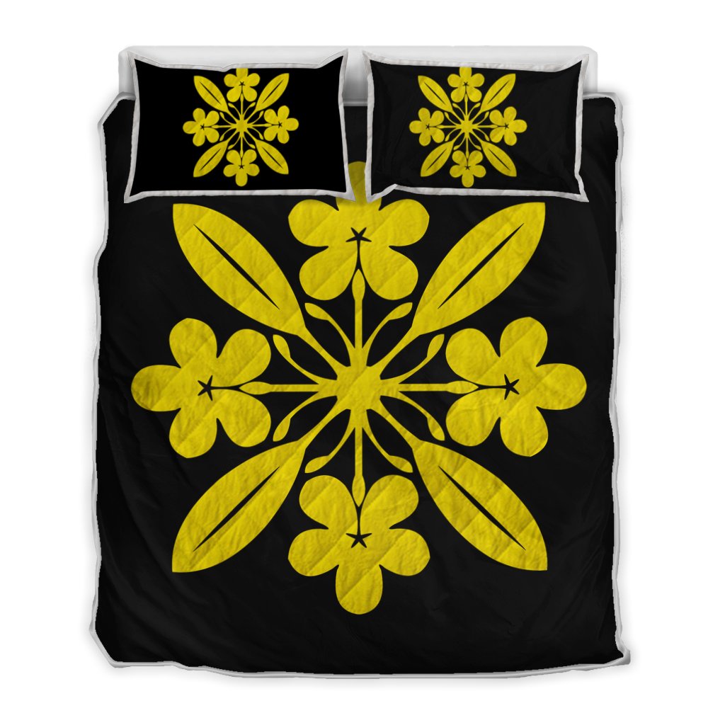 Hawaiian Royal Pattern Quilt Bed Set - Black And Yellow - L1 Style - AH Yellow - Polynesian Pride