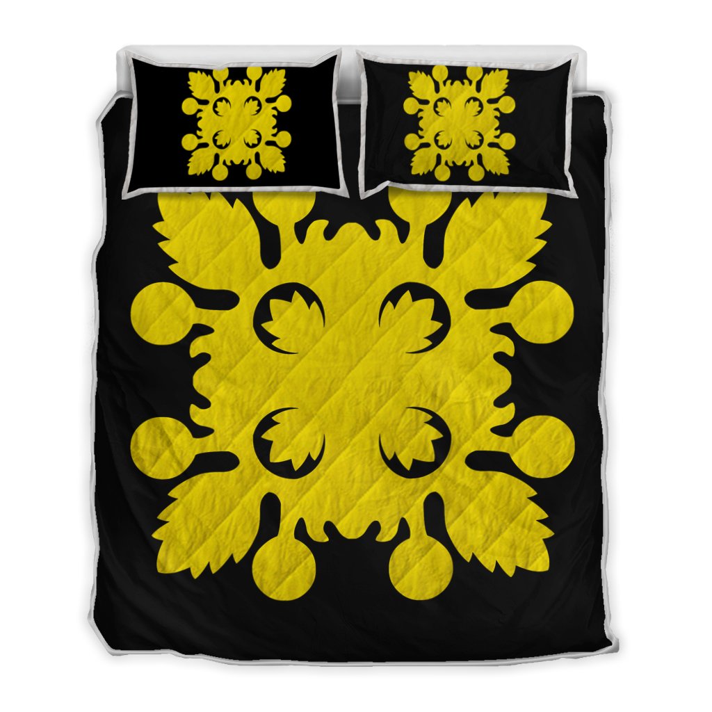 Hawaiian Royal Pattern Quilt Bed Set - Black And Yellow - D2 Style - AH Yellow - Polynesian Pride