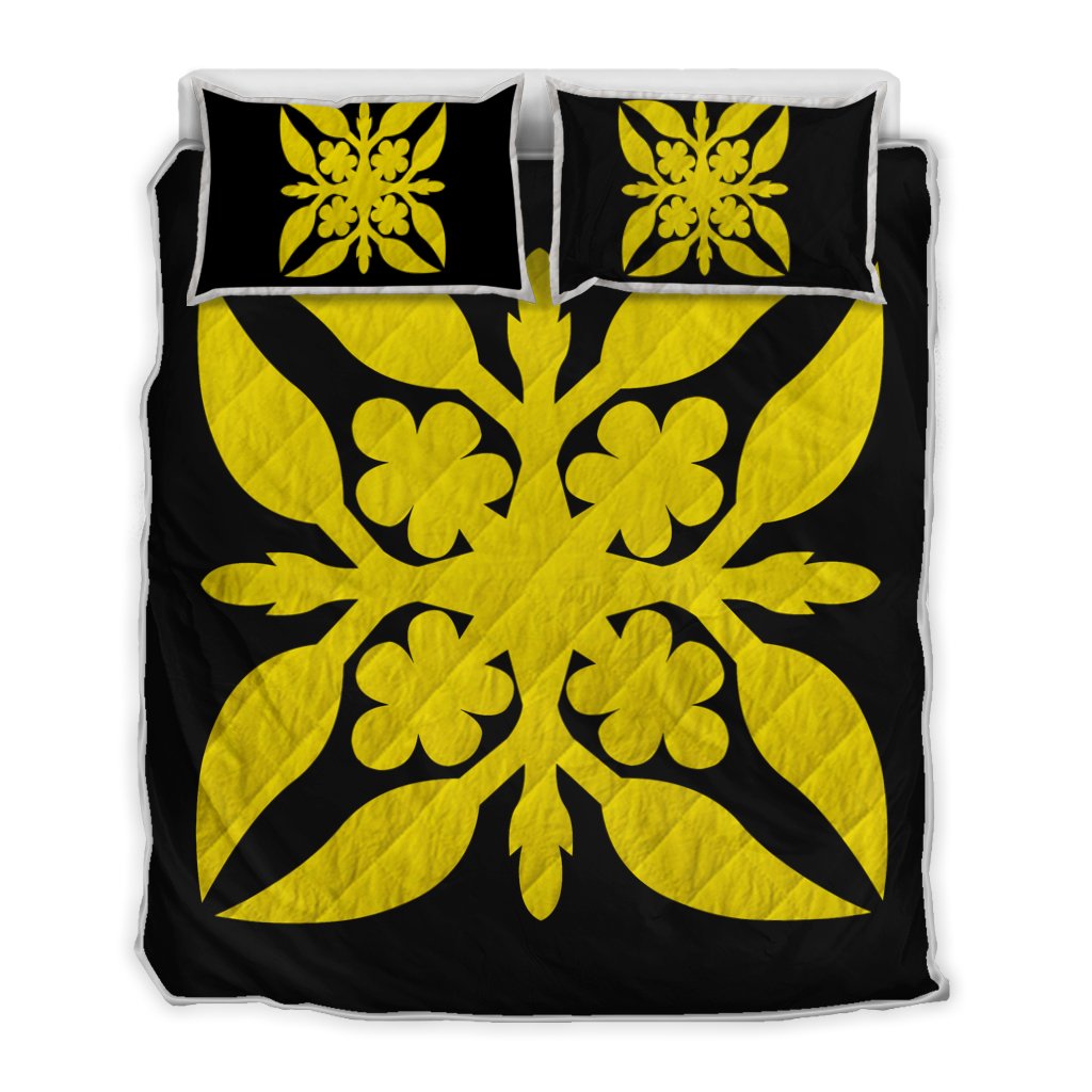 Hawaiian Royal Pattern Quilt Bed Set - Black And Yellow - G1 Style - AH Yellow - Polynesian Pride