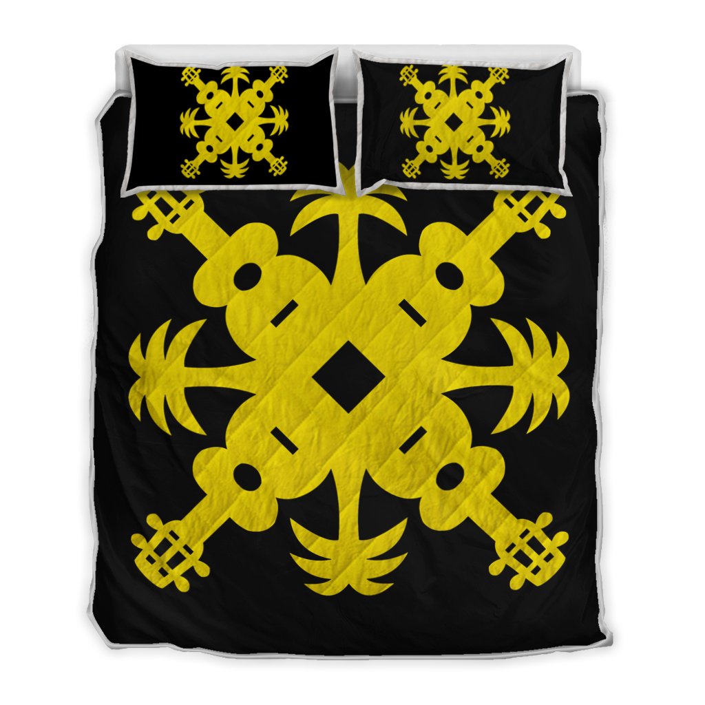 Hawaiian Royal Pattern Quilt Bed Set - Black And Yellow - L2 Style - AH Yellow - Polynesian Pride