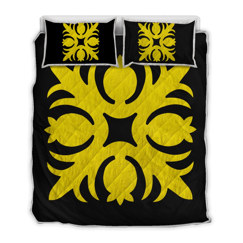 Hawaiian Royal Pattern Quilt Bed Set - Black And Yellow - I1 Style - AH Yellow - Polynesian Pride