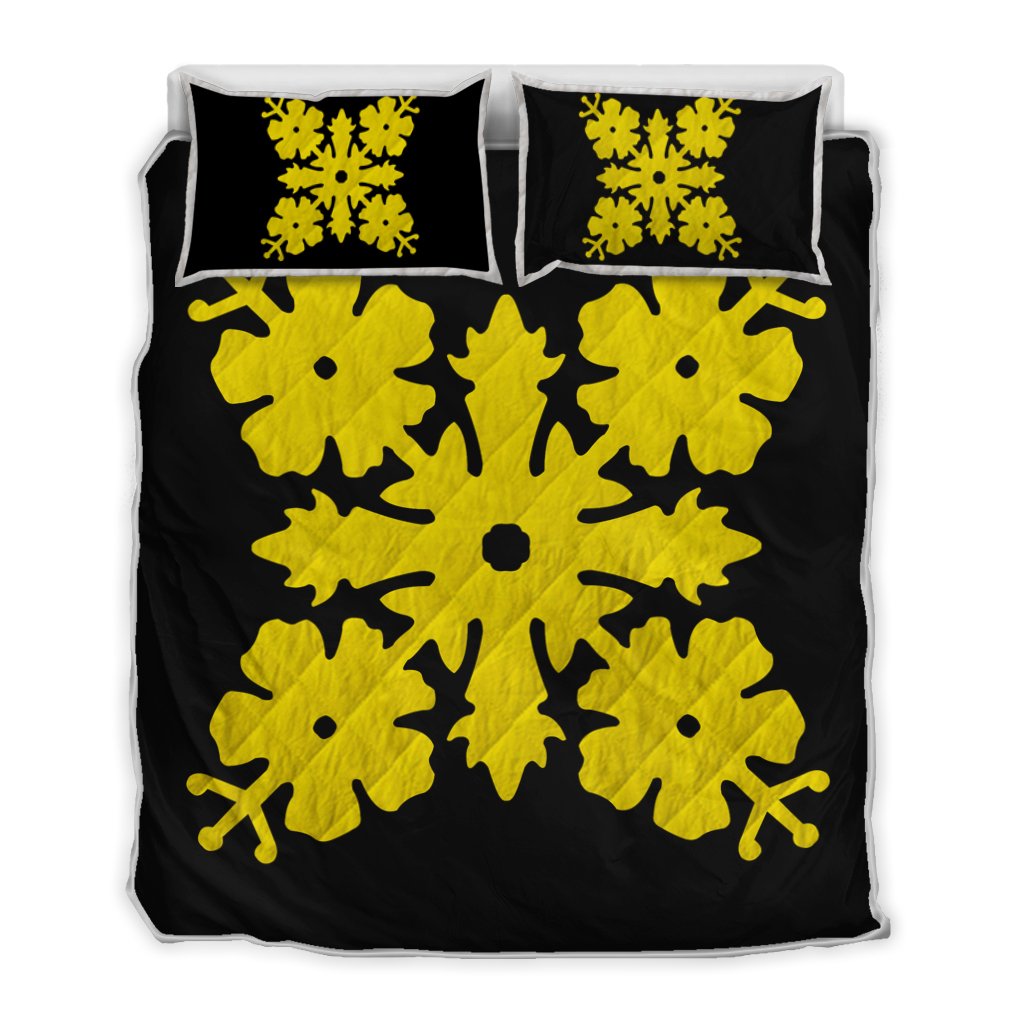 Hawaiian Royal Pattern Quilt Bed Set - Black And Yellow - K1 Style - AH Yellow - Polynesian Pride